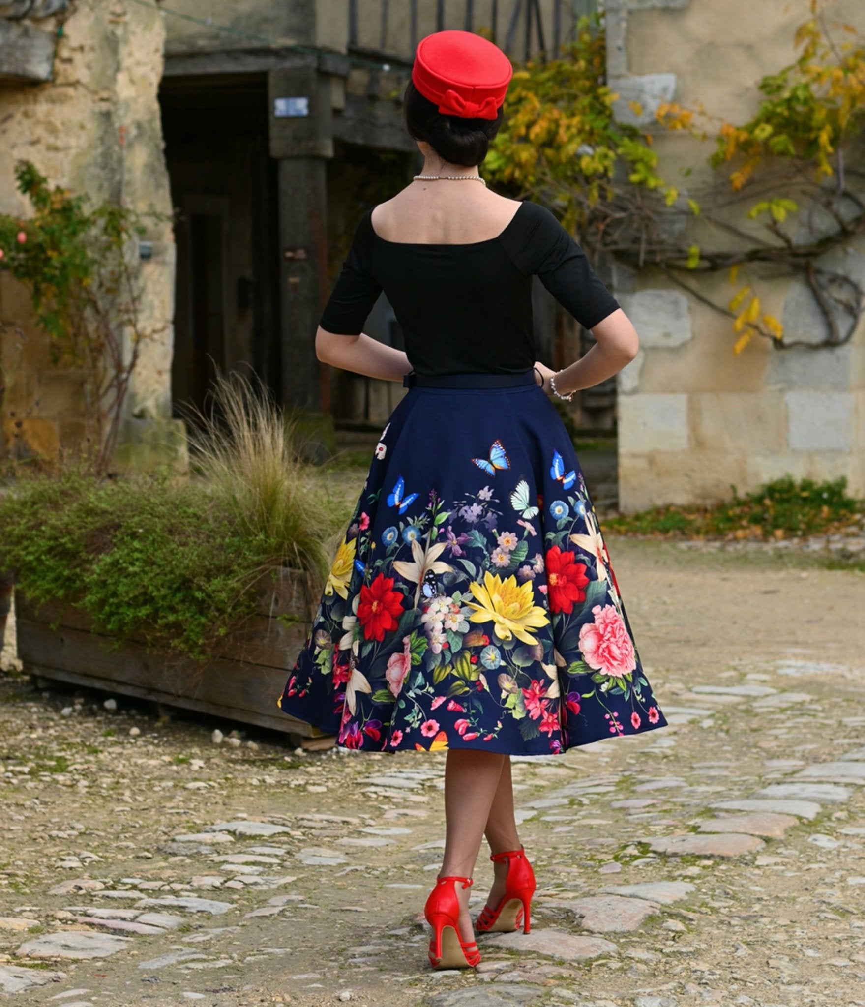 Navy Butterfly Meadow Swing Skirt - Unique Vintage - Womens, BOTTOMS, SKIRTS