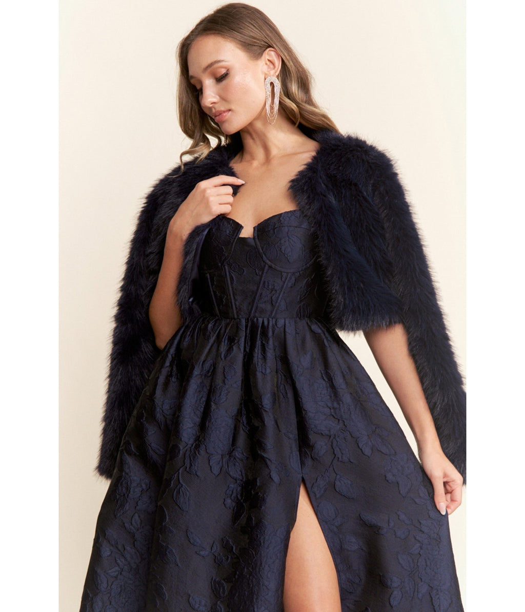 Navy Faux Fur Cropped Jacket - Unique Vintage - Womens, TOPS, OUTERWEAR
