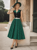 Navy & Green Polka Dot Belted Swing Dress - Unique Vintage - Womens, DRESSES, SWING