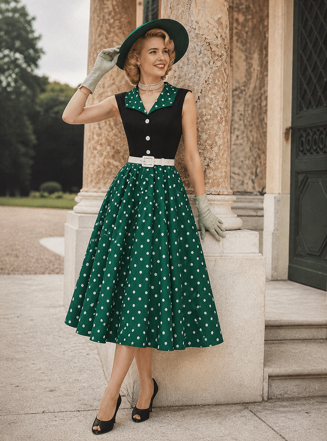 Navy & Green Polka Dot Belted Swing Dress - Unique Vintage - Womens, DRESSES, SWING