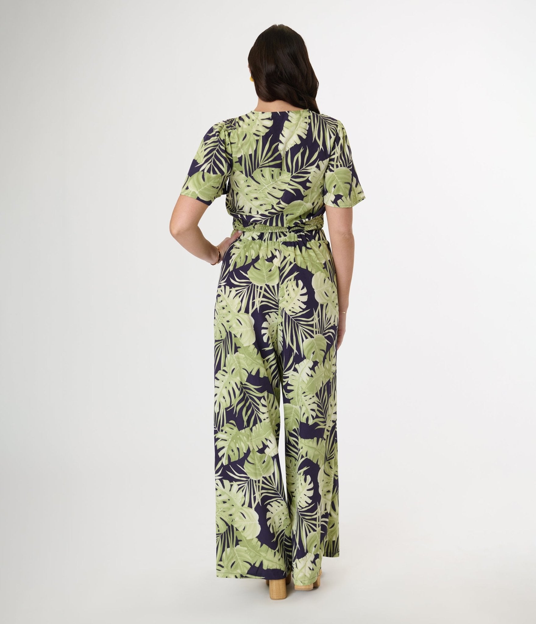 Navy & Green Tropical Belted Wide Leg Pants - Unique Vintage - Womens, BOTTOMS, PANTS