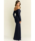 Navy Off the Shoulder Ruffle Gown - Unique Vintage - Womens, DRESSES, MAXI