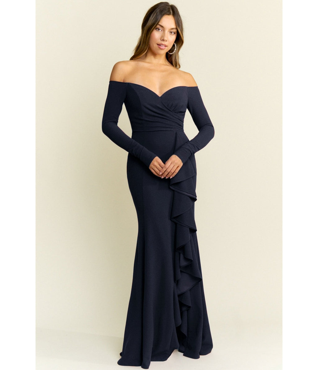 Navy Off the Shoulder Ruffle Gown – Unique Vintage Navy Off the Shoulder Ruffle Gown – Unique Vintage