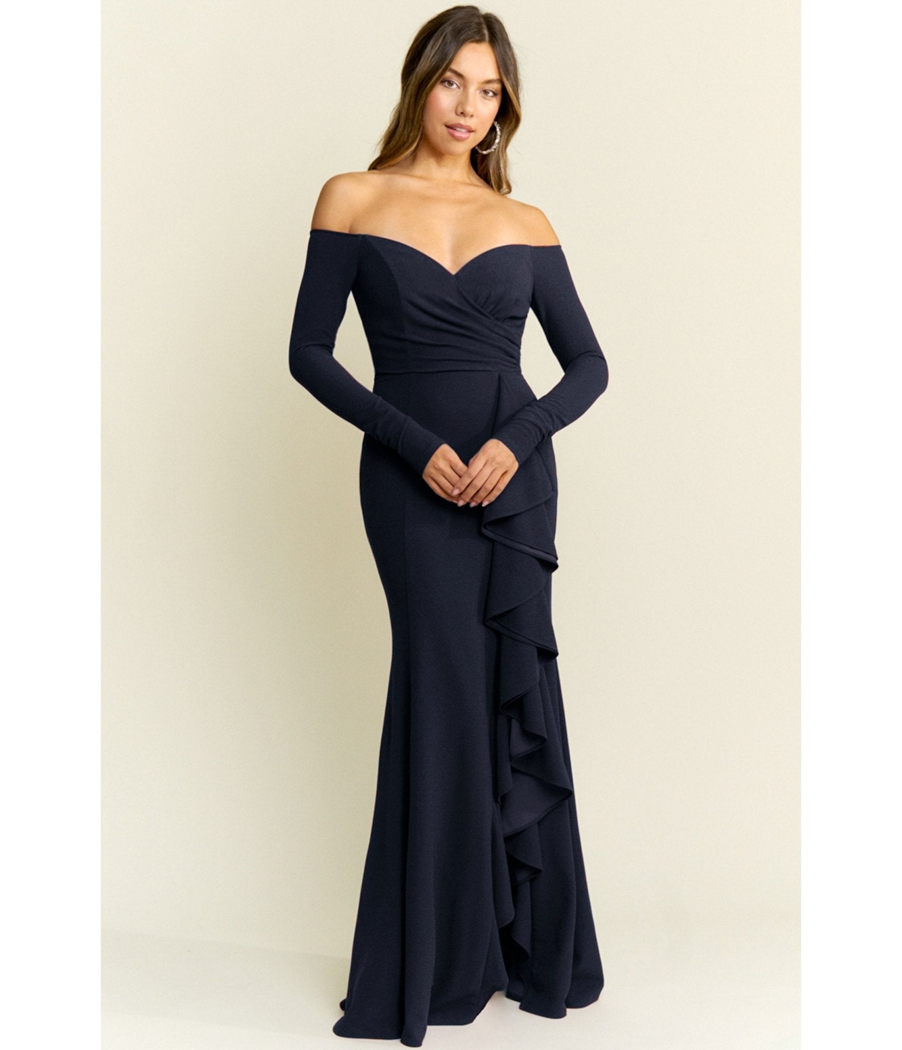 Navy Off the Shoulder Ruffle Gown - Unique Vintage - Womens, DRESSES, MAXI