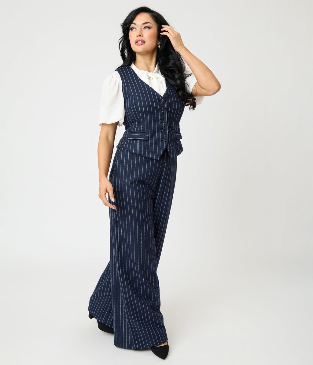 Navy Pin Stripe Pants - Unique Vintage - Womens, BOTTOMS, PANTS