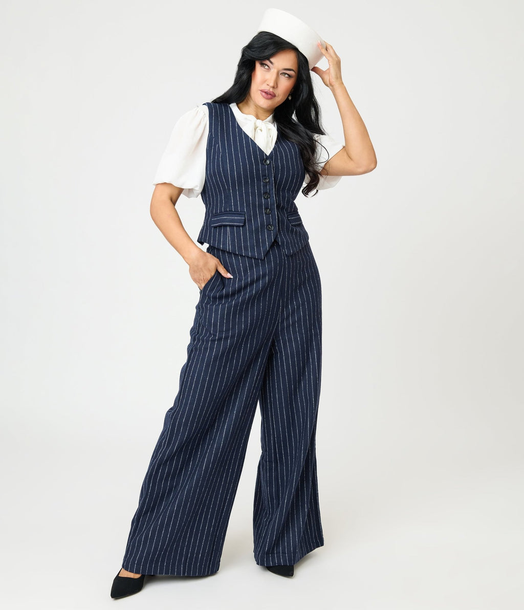 Navy Pin Stripe Pants - Unique Vintage - Womens, BOTTOMS, PANTS