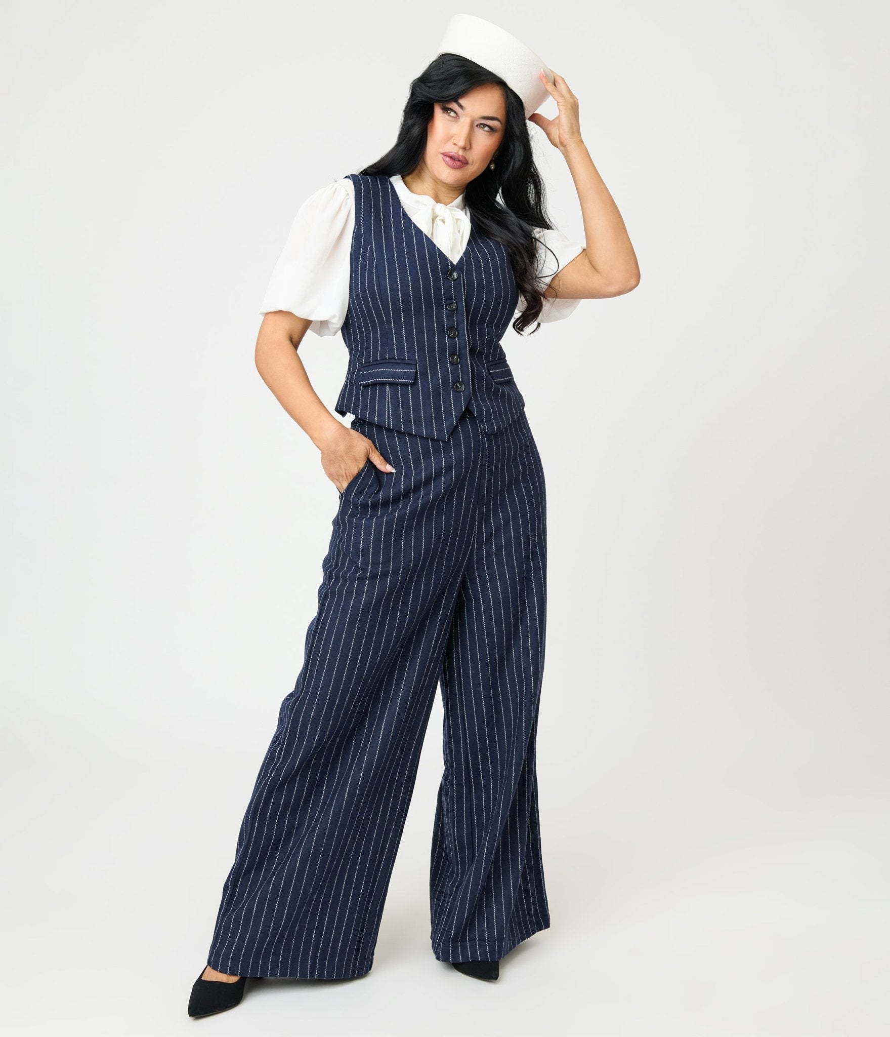 Navy Pin Stripe Pants - Unique Vintage - Womens, BOTTOMS, PANTS