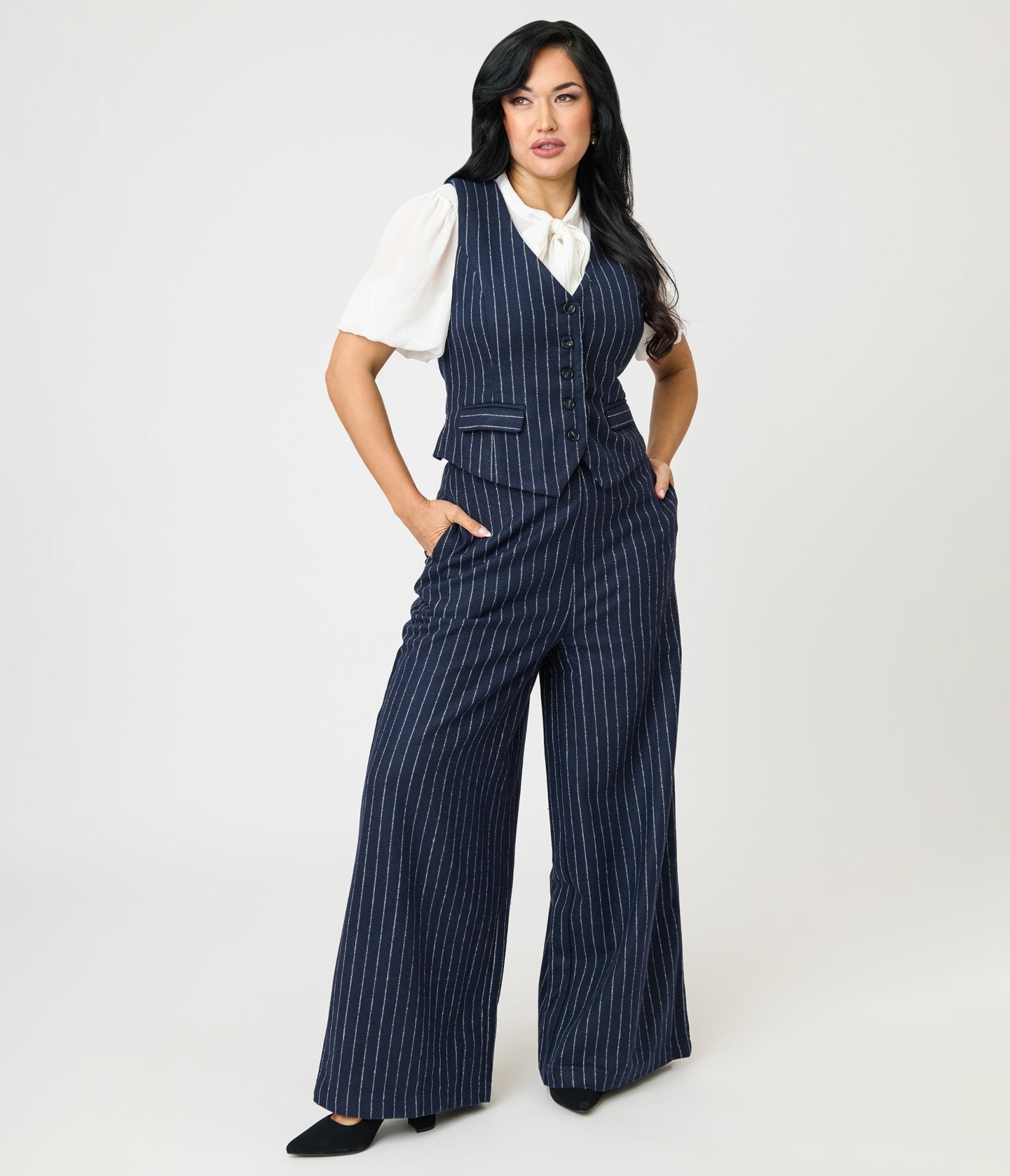Navy Pin Stripe Vest - Unique Vintage - Womens, TOPS, WOVEN TOPS
