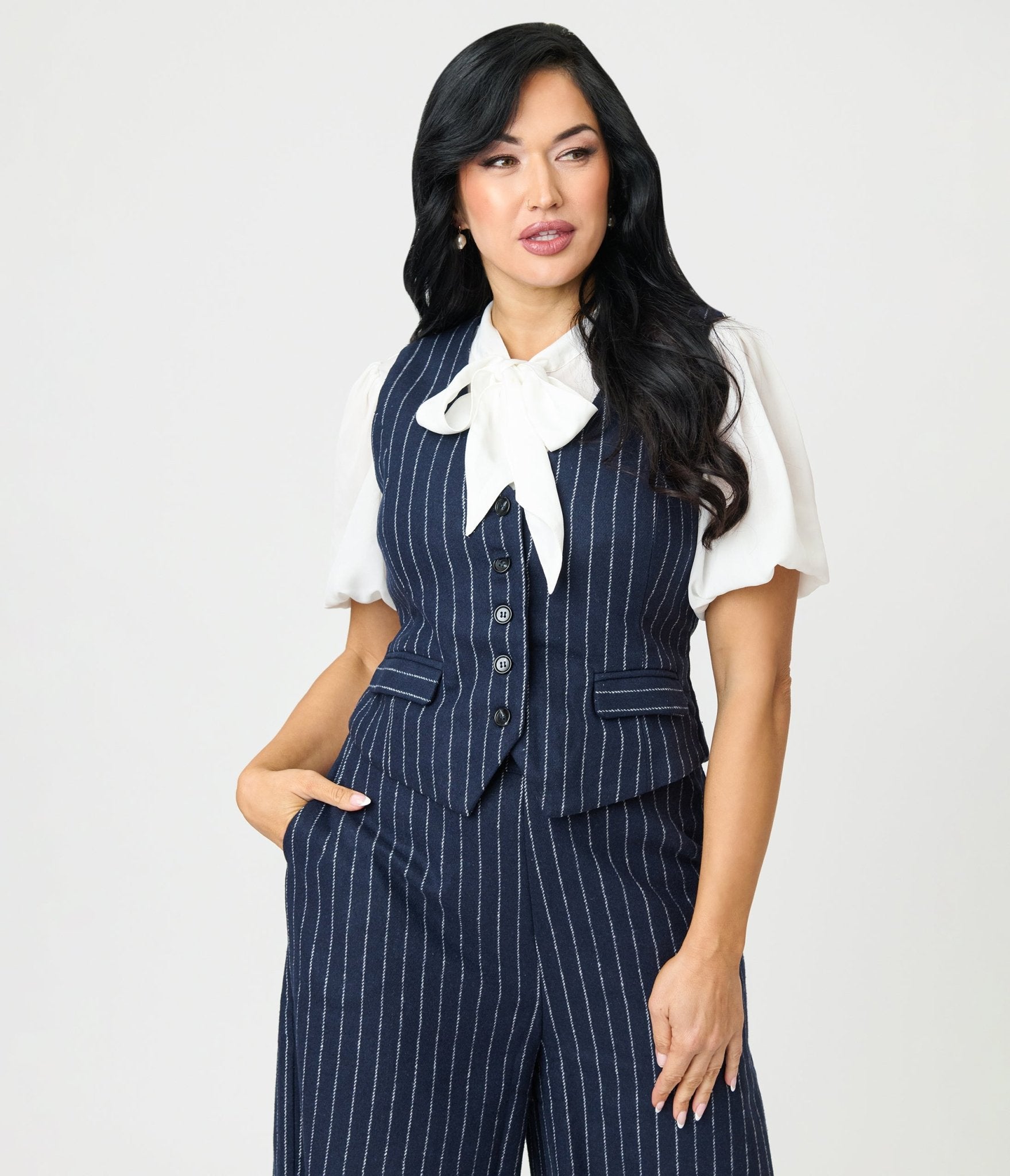 Navy Pin Stripe Vest - Unique Vintage - Womens, TOPS, WOVEN TOPS