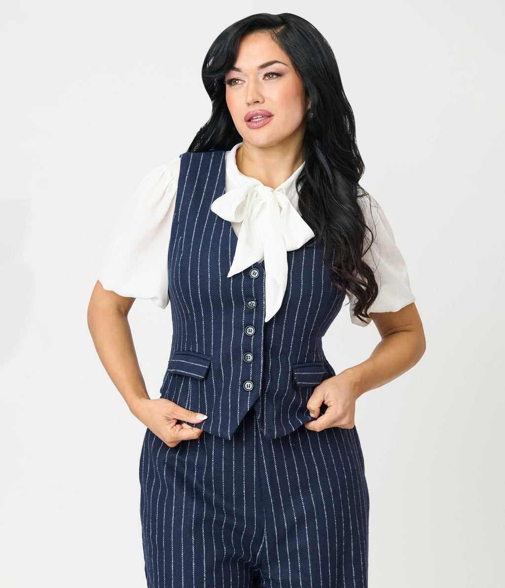 Navy Pin Stripe Vest - Unique Vintage - Womens, TOPS, WOVEN TOPS
