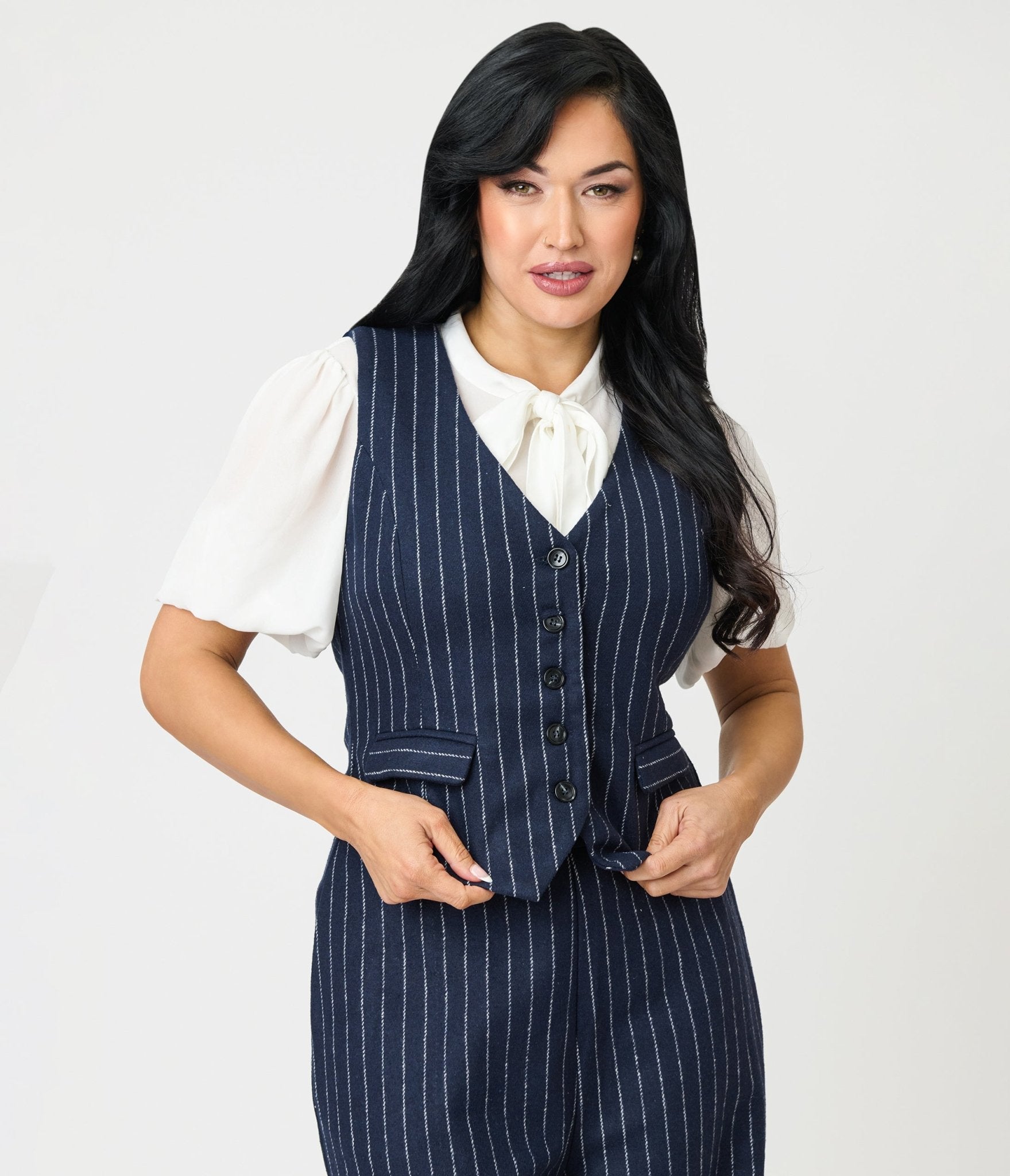 Navy Pin Stripe Vest - Unique Vintage - Womens, TOPS, WOVEN TOPS