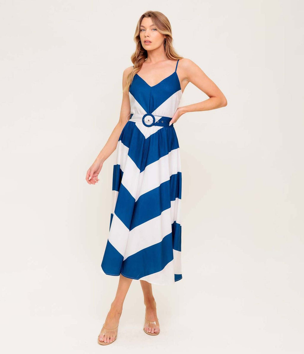 Navy & White Chevron Radiant Heart Woven Midi Dress - Unique Vintage - Womens, DRESSES, MIDI
