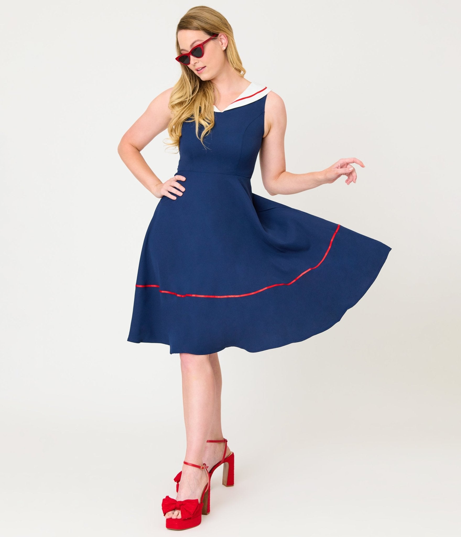 Navy & White Collared Flare Dress - Unique Vintage - Womens, DRESSES, SWING