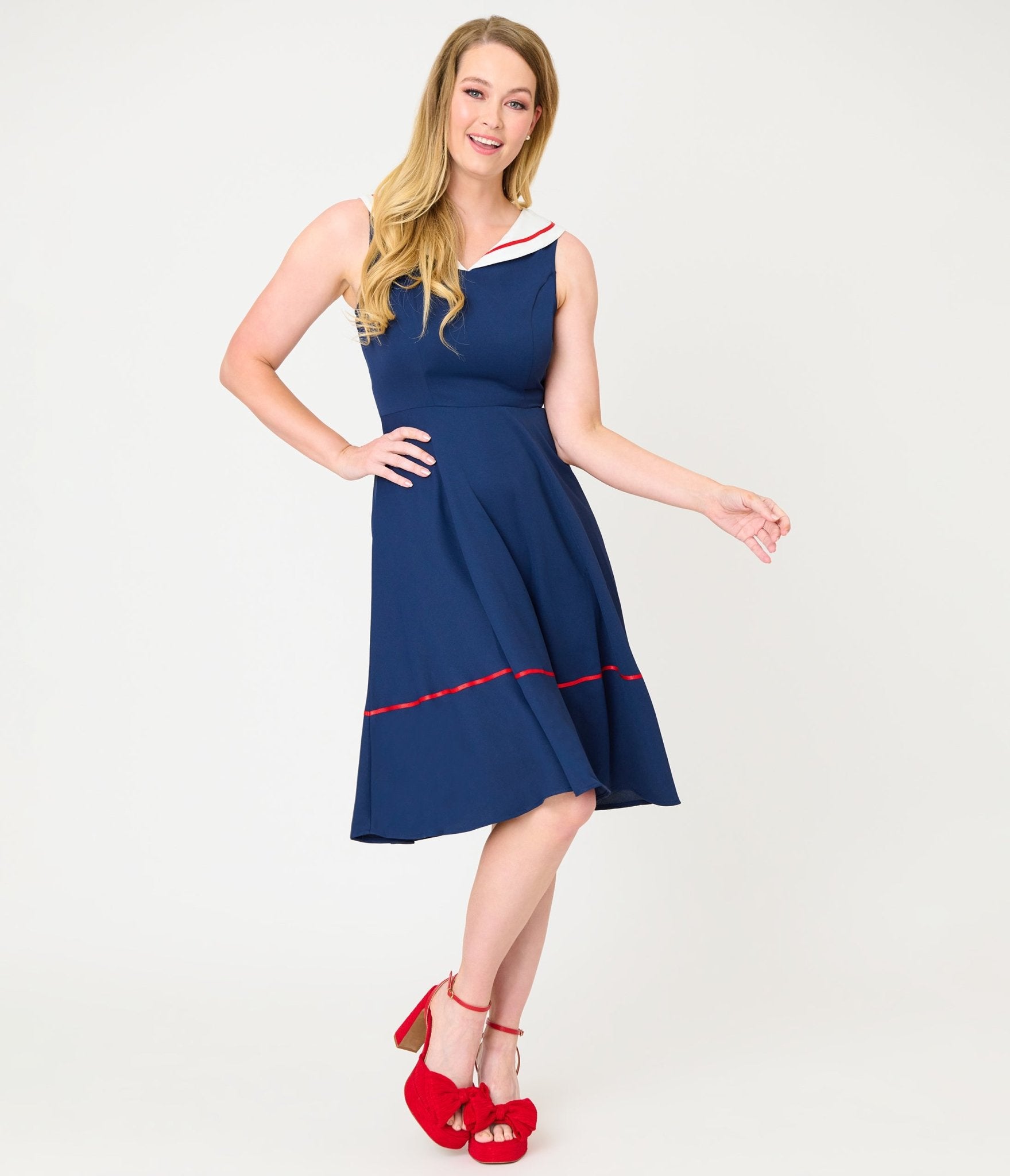 Navy & White Collared Flare Dress – Unique Vintage