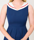 Navy & White Collared Flare Dress - Unique Vintage - Womens, DRESSES, SWING