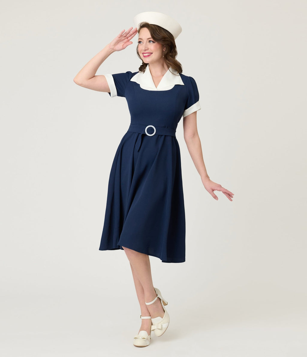 Navy & White Sailor Swing Dress - Unique Vintage - Womens, DRESSES, FIT AND FLARE