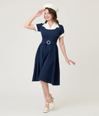 Navy & White Sailor Swing Dress - Unique Vintage - Womens, DRESSES, FIT AND FLARE
