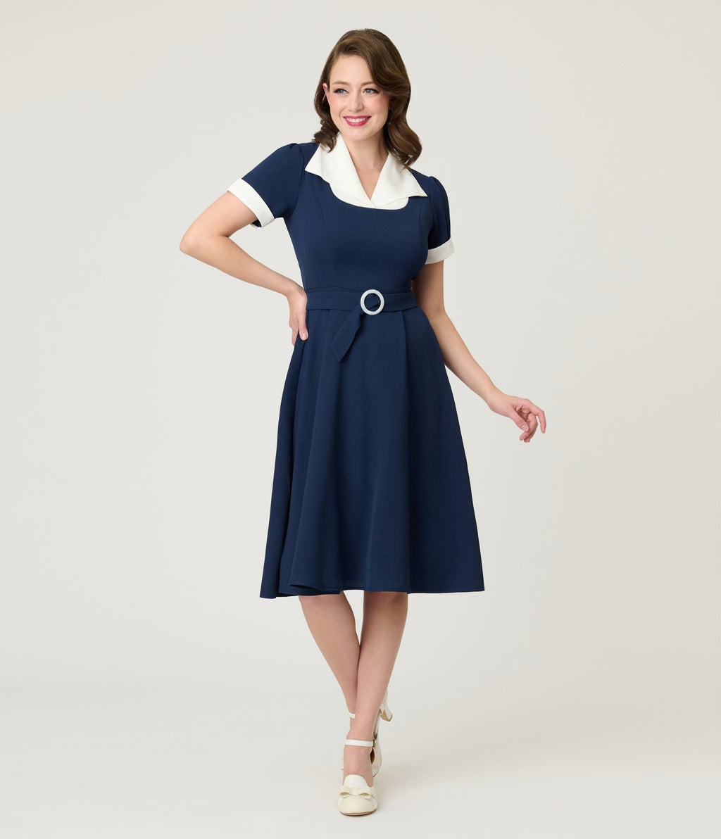 Navy & White Sailor Swing Dress - Large - Unique Vintage Navy & White Sailor Swing Dress - Large - Unique Vintage