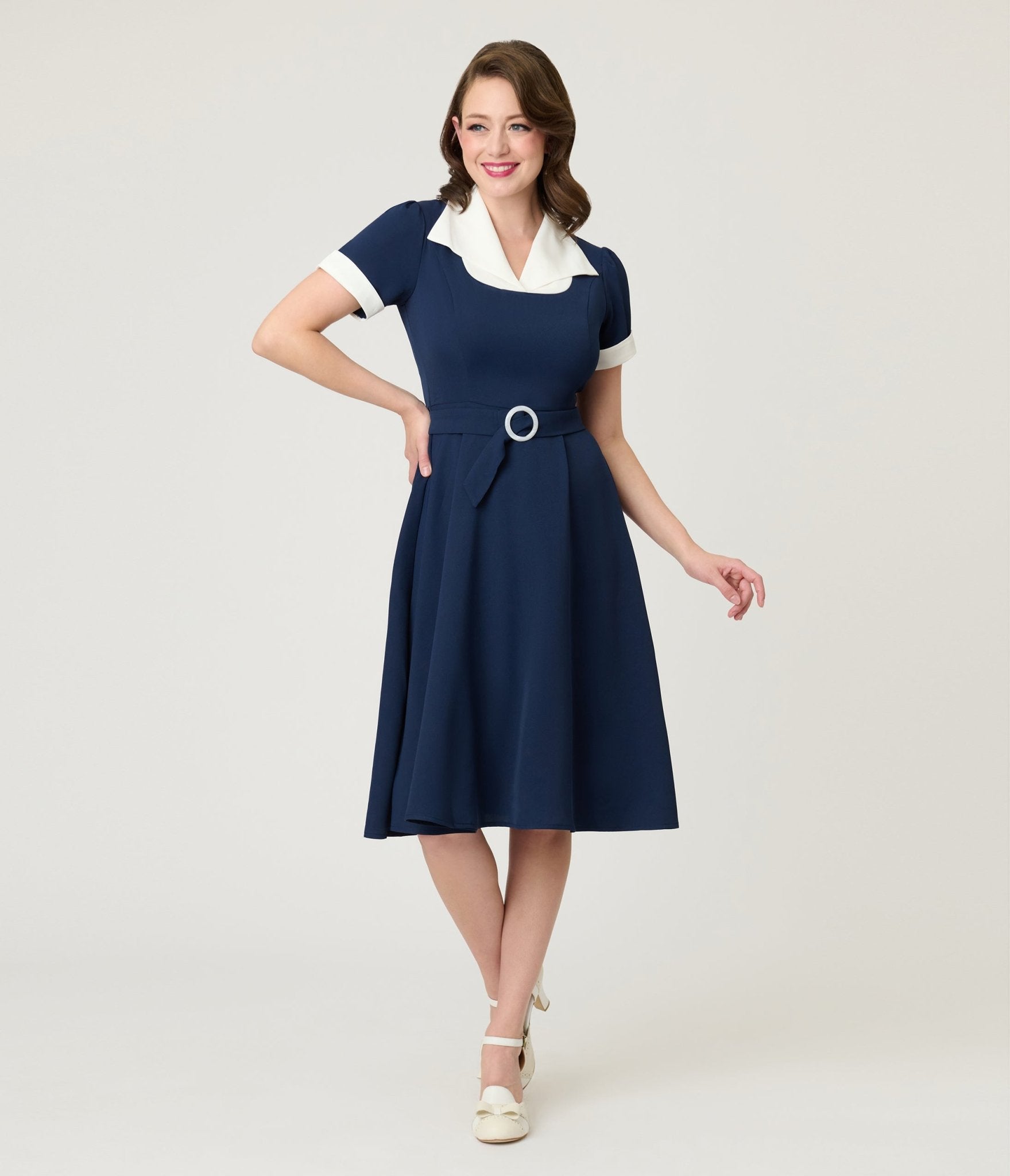Navy & White Sailor Swing Dress - Unique Vintage - Womens, DRESSES, FIT AND FLARE