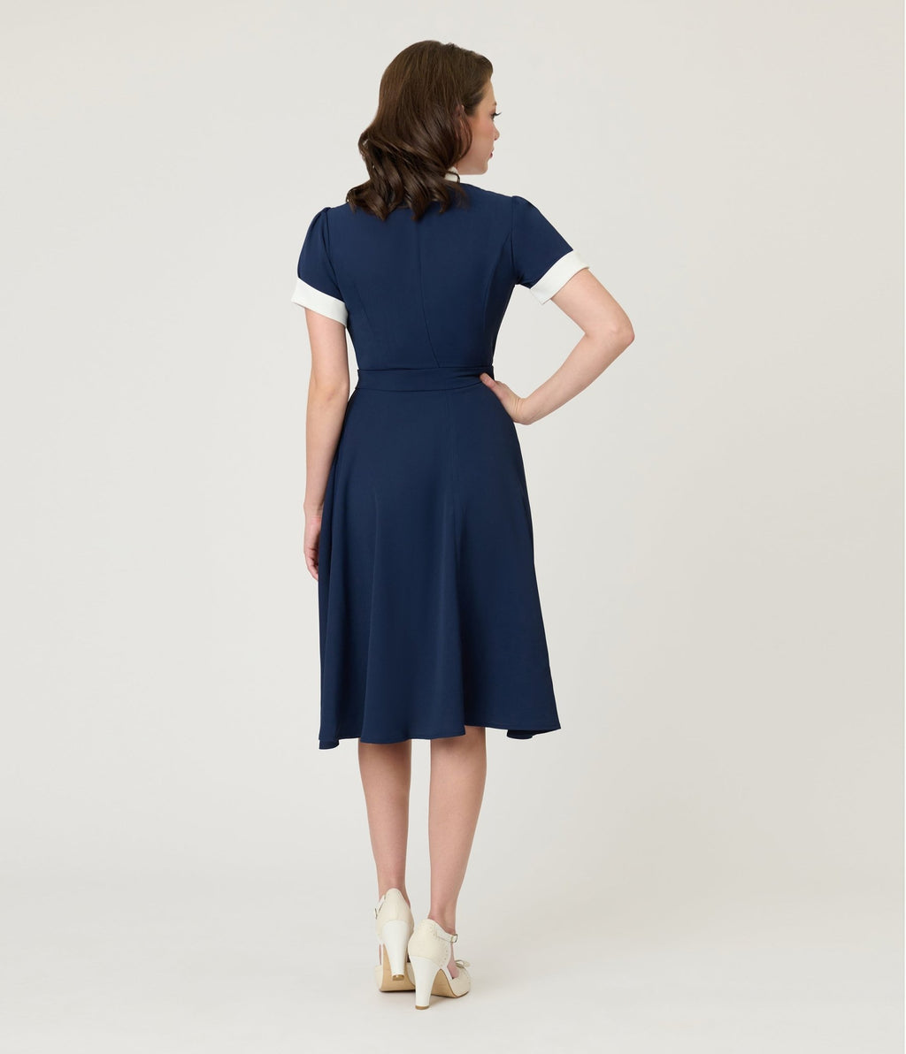 Navy & White Sailor Swing Dress - Unique Vintage - Womens, DRESSES, FIT AND FLARE