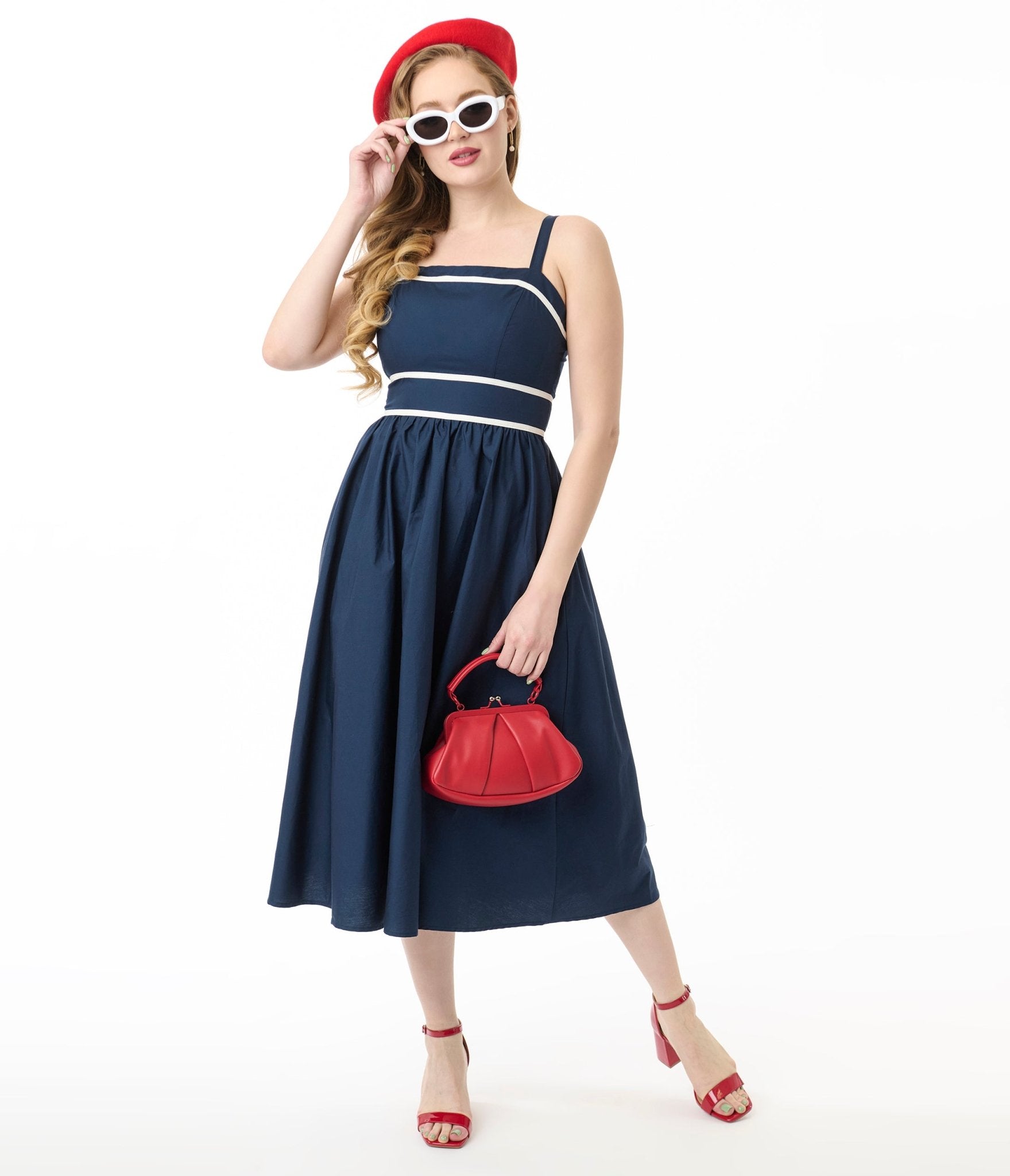 Navy & White Stripe Bunches Of Love Midi Dress - Unique Vintage - Womens, DRESSES, MIDI