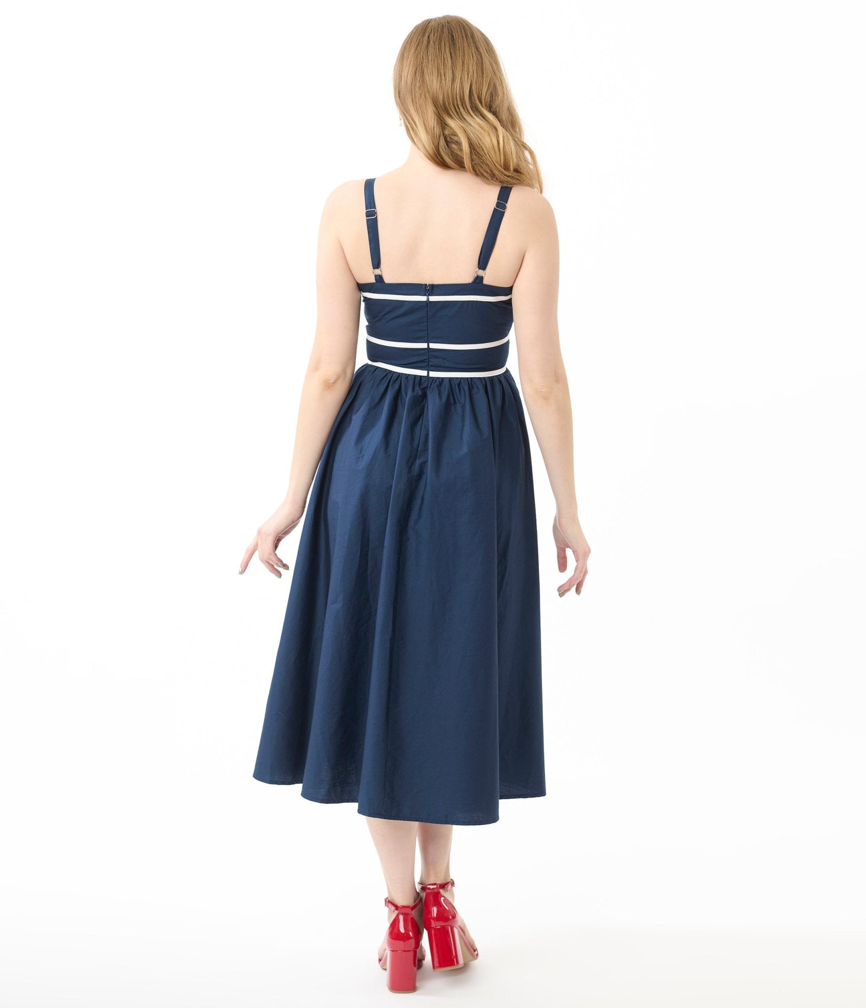 Navy & White Stripe Bunches Of Love Midi Dress - Unique Vintage - Womens, DRESSES, MIDI