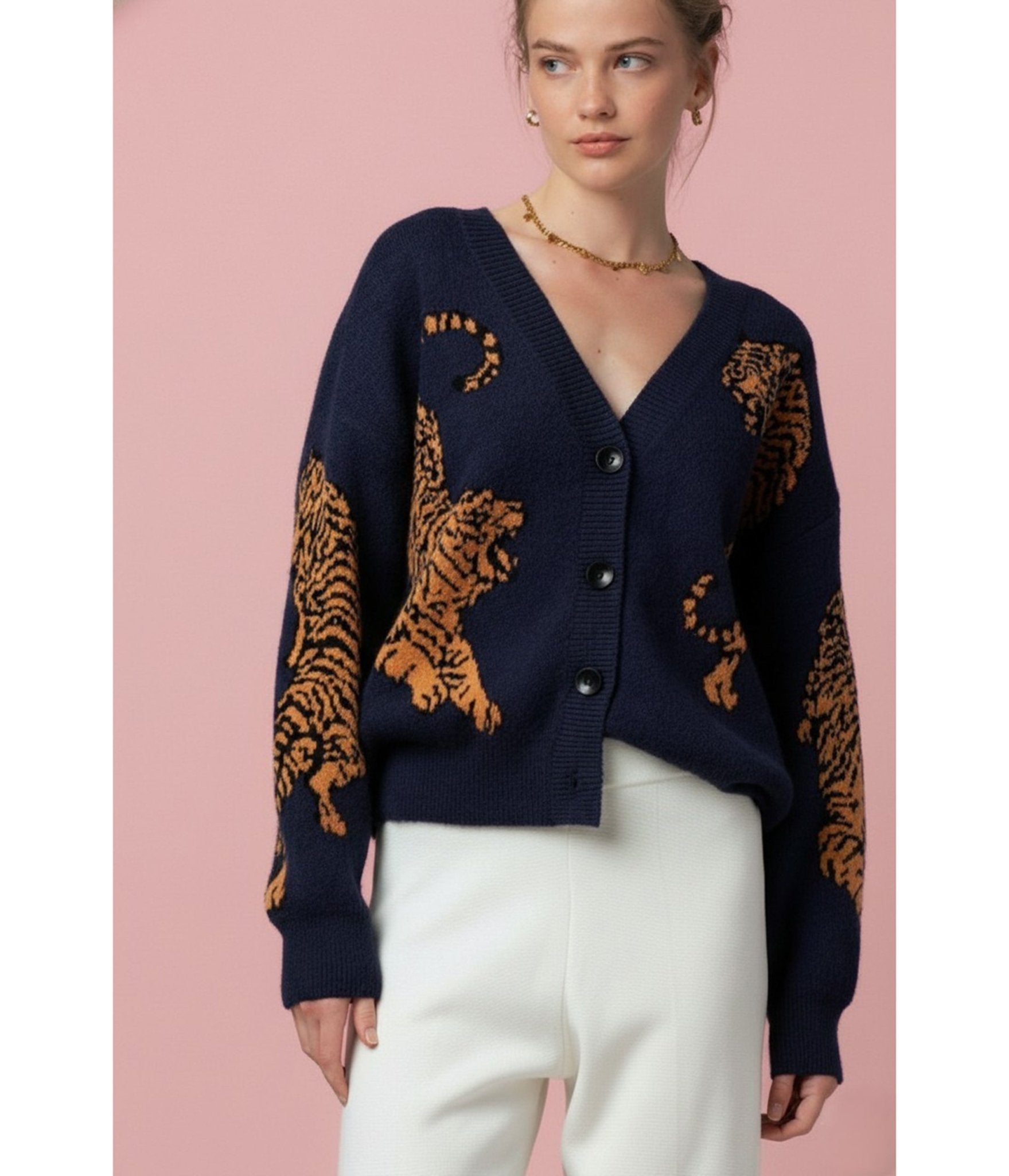 Navy Wild Tiger Knit Cardigan - Unique Vintage - Womens, TOPS, SWEATERS