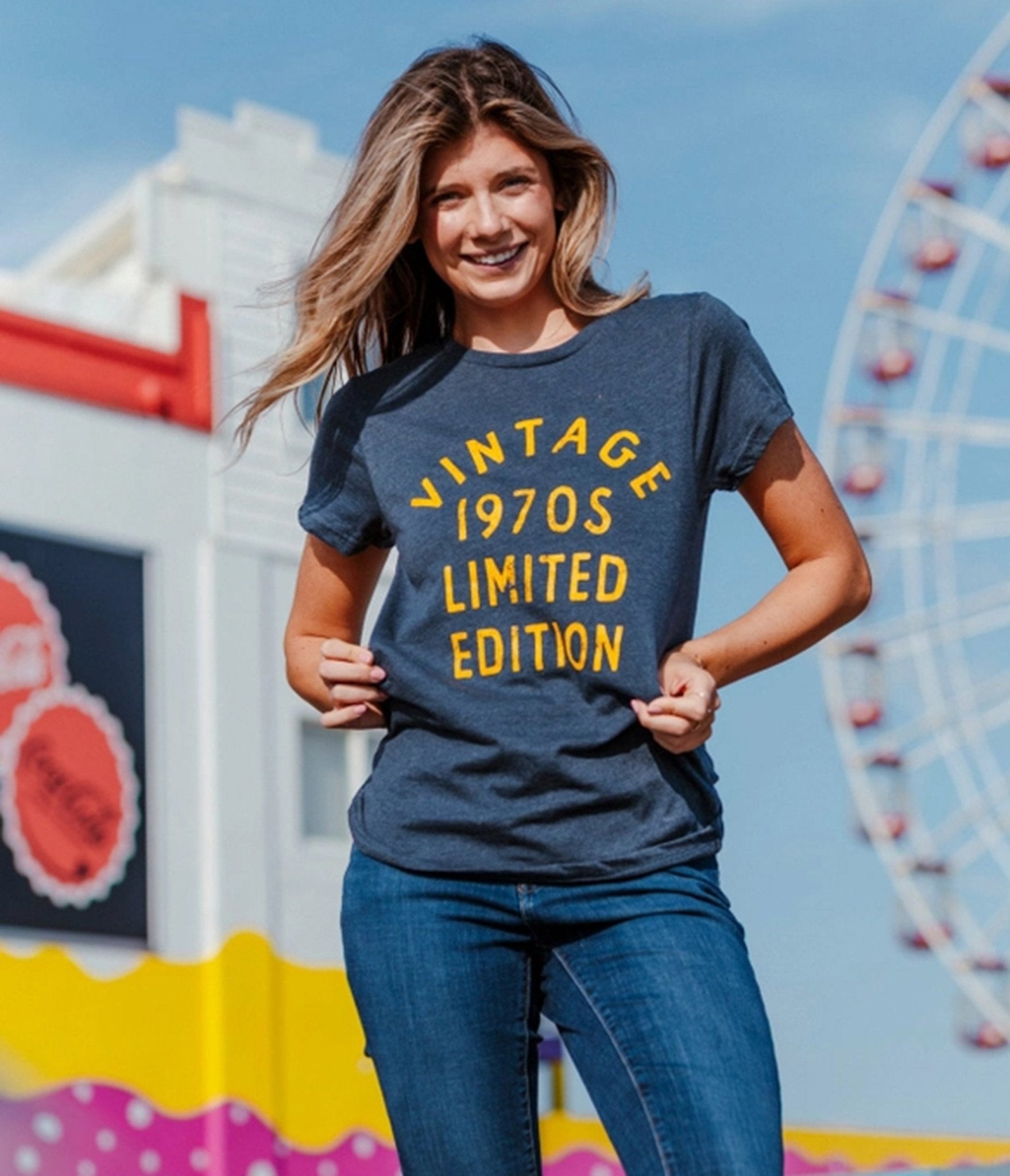 Navy & Yellow 1970s Vintage Graphic Tee - Unique Vintage - Womens, GRAPHIC TEES, TEES