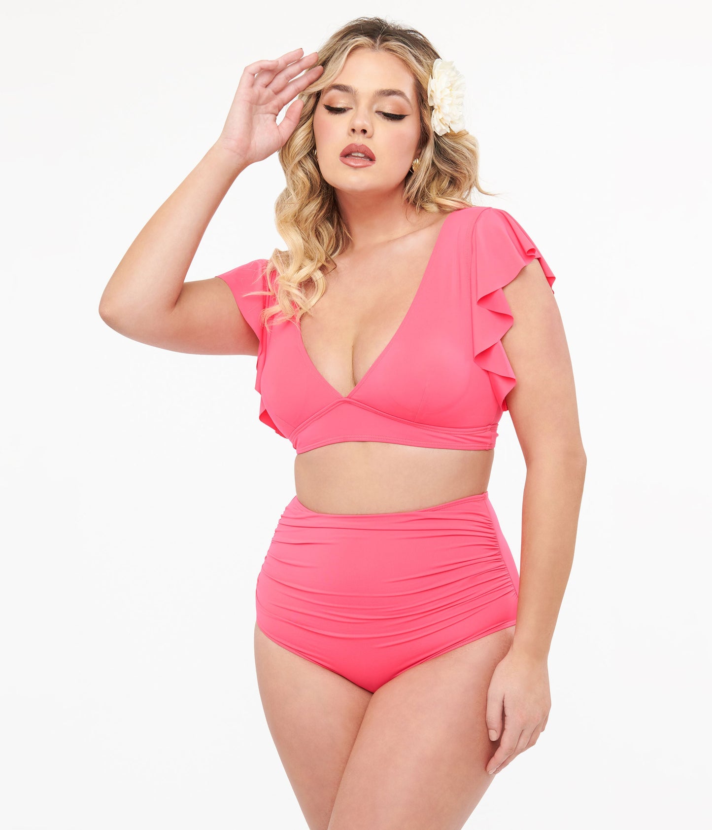 Neon Pink Ruffled Sleeve Two Piece Swim Set - Unique Vintage - Womens, SWIM, 1 PC