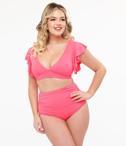 Neon Pink Ruffled Sleeve Two Piece Swim Set - Unique Vintage - Womens, SWIM, 1 PC