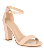 Nude Patent Leatherette Block Heel Sandals - Unique Vintage - Womens, SHOES, HEELS