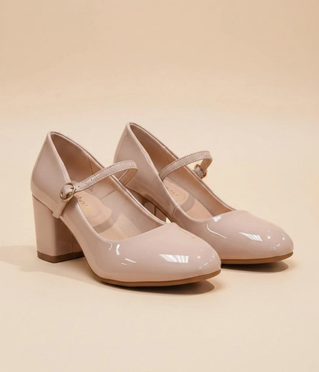 Nude Patent Leatherette Mary Jane Block Heels - Unique Vintage - Heels