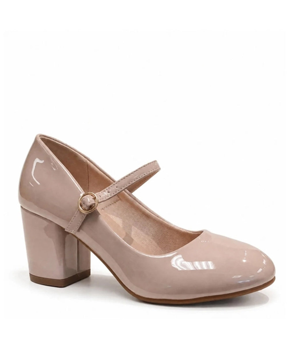 Nude Patent Leatherette Mary Jane Block Heels - Unique Vintage - Heels