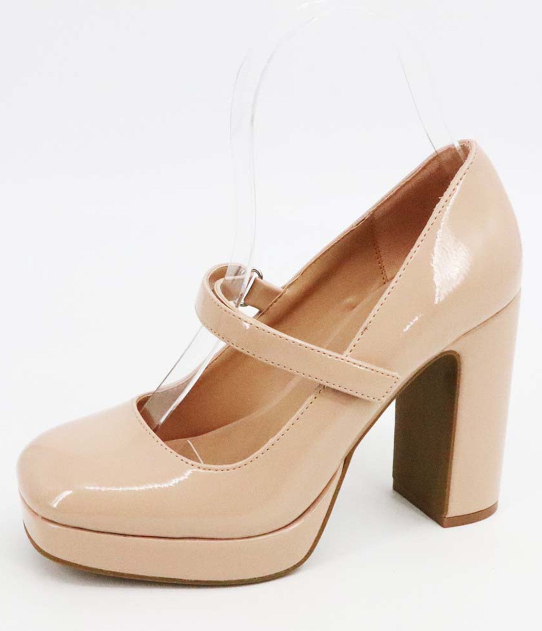 Nude Patent Leatherette Platform Mary Jane Heels - Unique Vintage - Womens, SHOES, HEELS