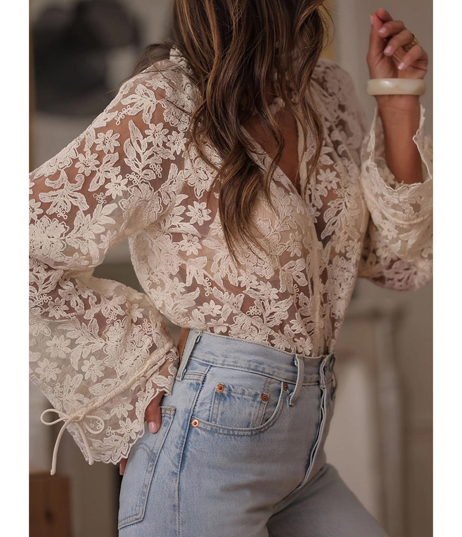 Off White Sheer Lace Blouse - Unique Vintage - Womens, TOPS, SHIRTS