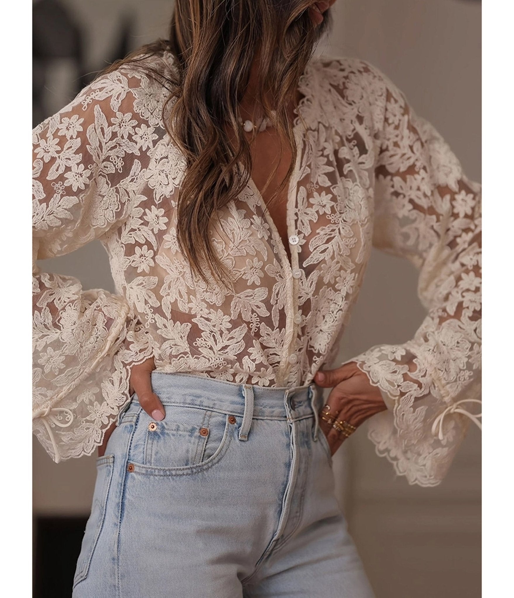 Off White Sheer Lace Blouse - Unique Vintage - Womens, TOPS, SHIRTS