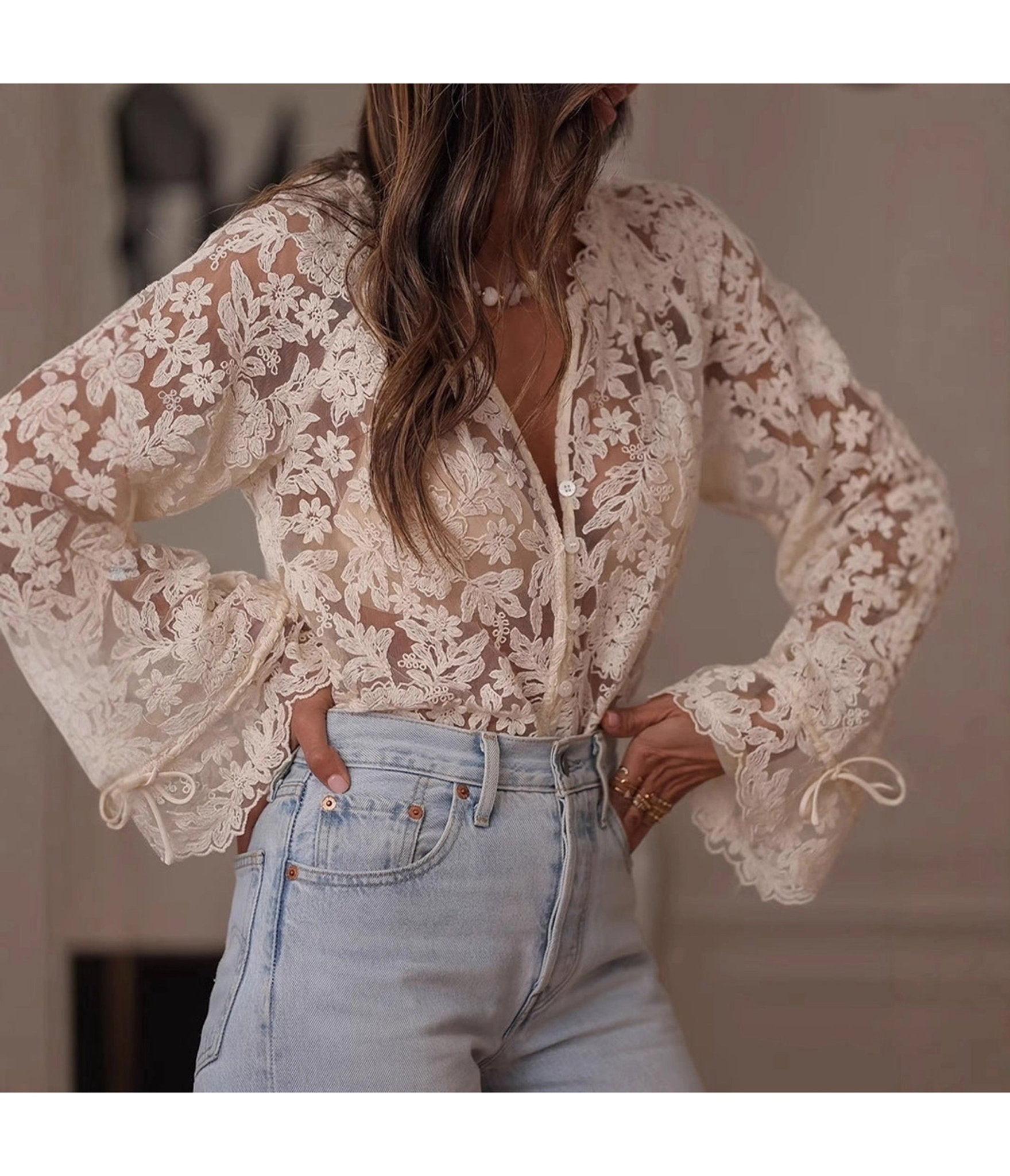 トップス Eaphi VINTAGE LIKE LACE BLOUSE offwhite Off White Sheer Lace Blouse – Unique Vintage