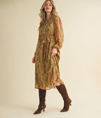 Olive & Floral Print Belted Midi Dress - Unique Vintage - Womens, DRESSES, MIDI