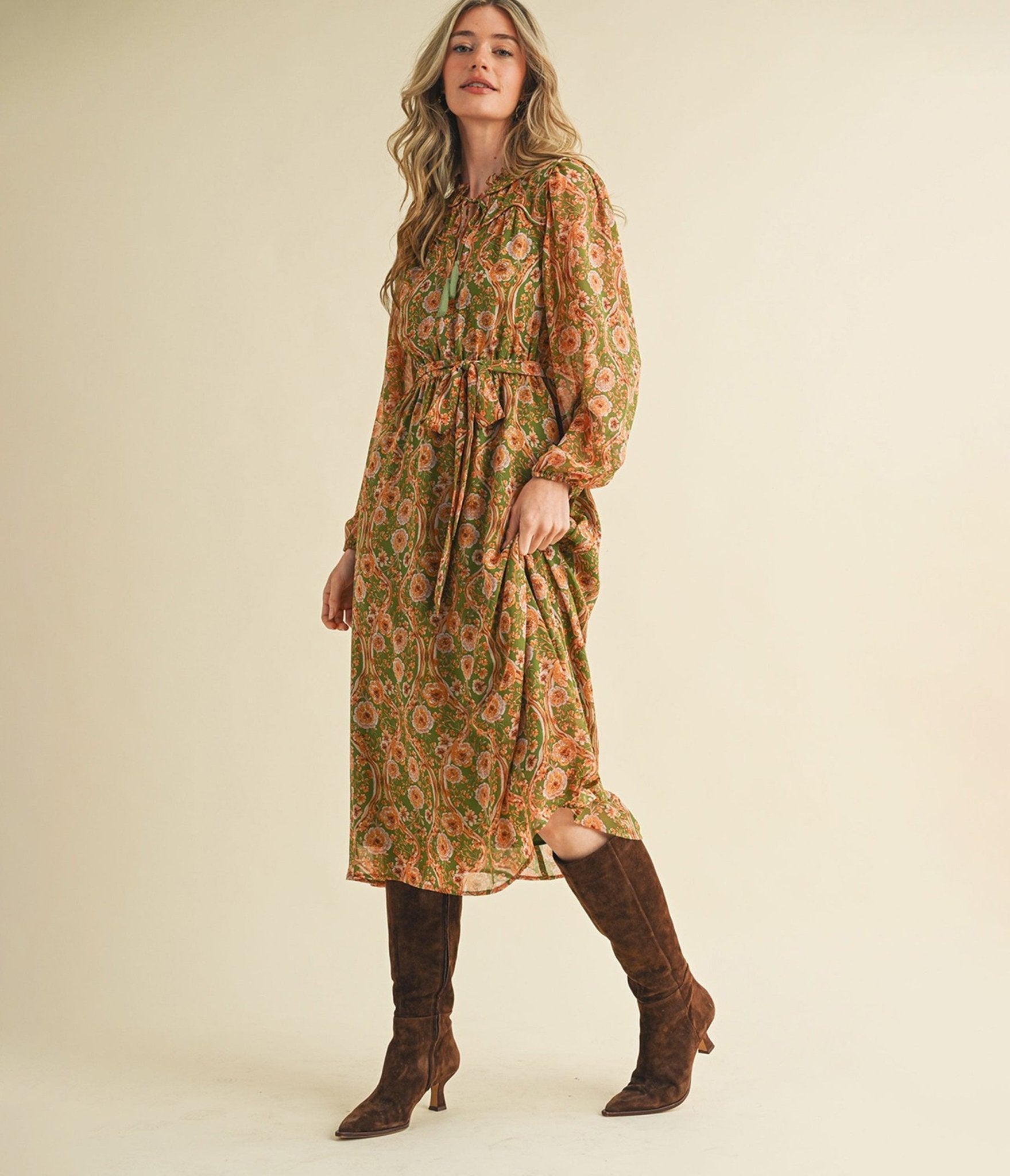 Olive & Floral Print Belted Midi Dress - Unique Vintage - Womens, DRESSES, MIDI