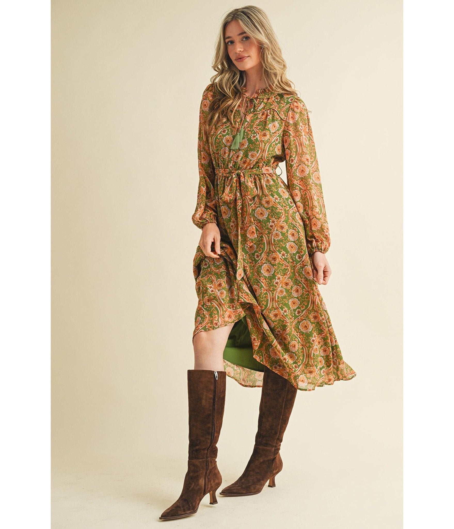 Olive & Floral Print Belted Midi Dress - Unique Vintage - Womens, DRESSES, MIDI