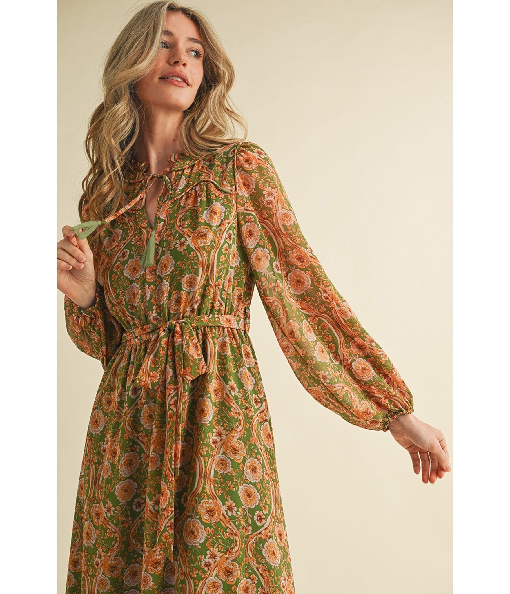 Olive & Floral Print Belted Midi Dress - Unique Vintage - Womens, DRESSES, MIDI