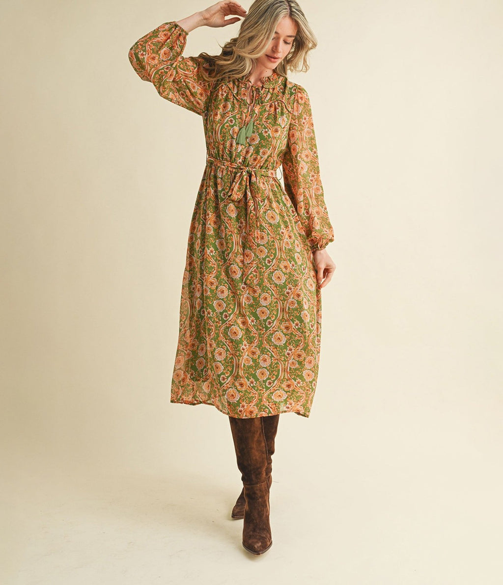 Olive & Floral Print Belted Midi Dress - Unique Vintage - Womens, DRESSES, MIDI