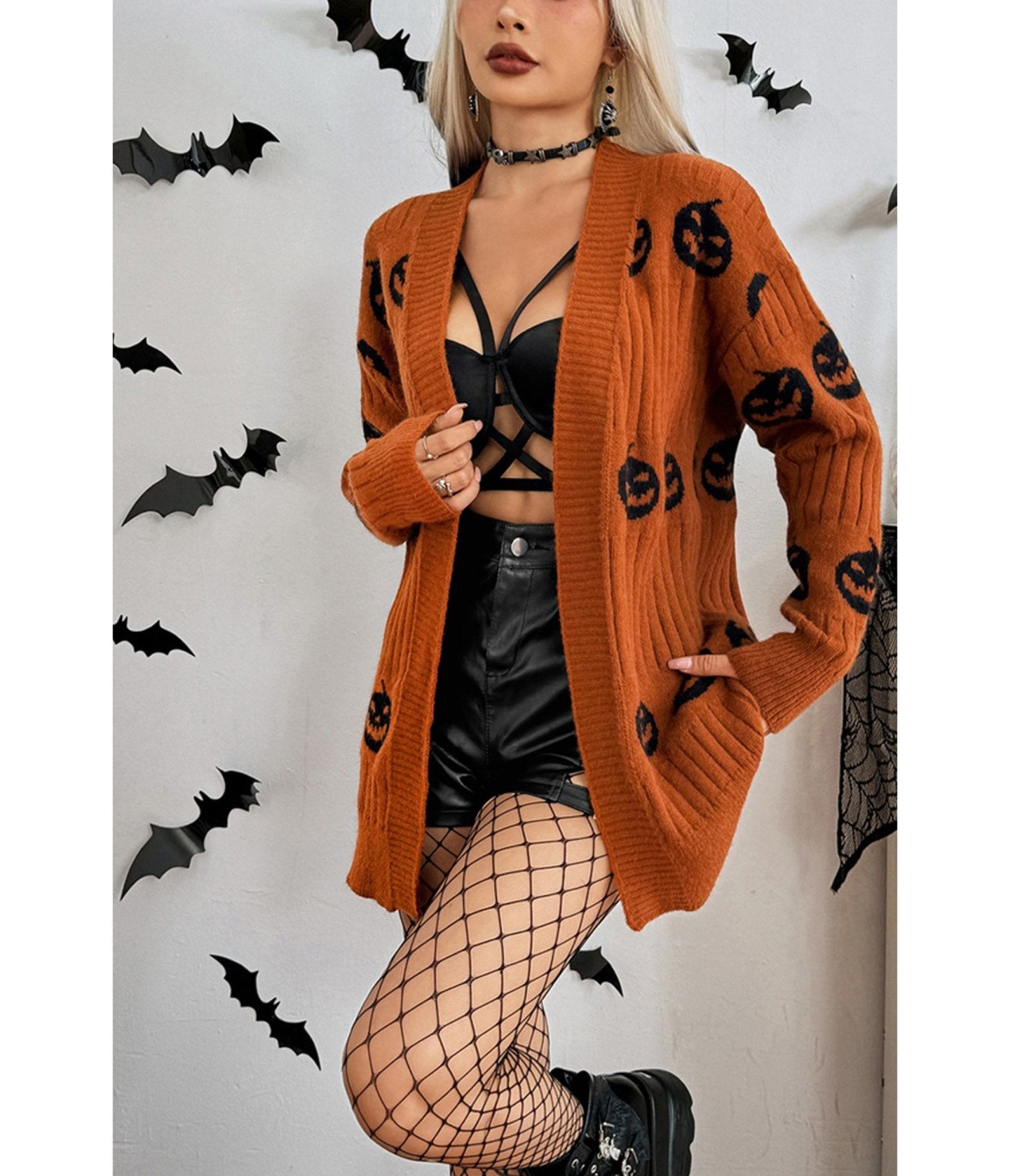 Orange & Black Pumpkin Open Front Cardigan