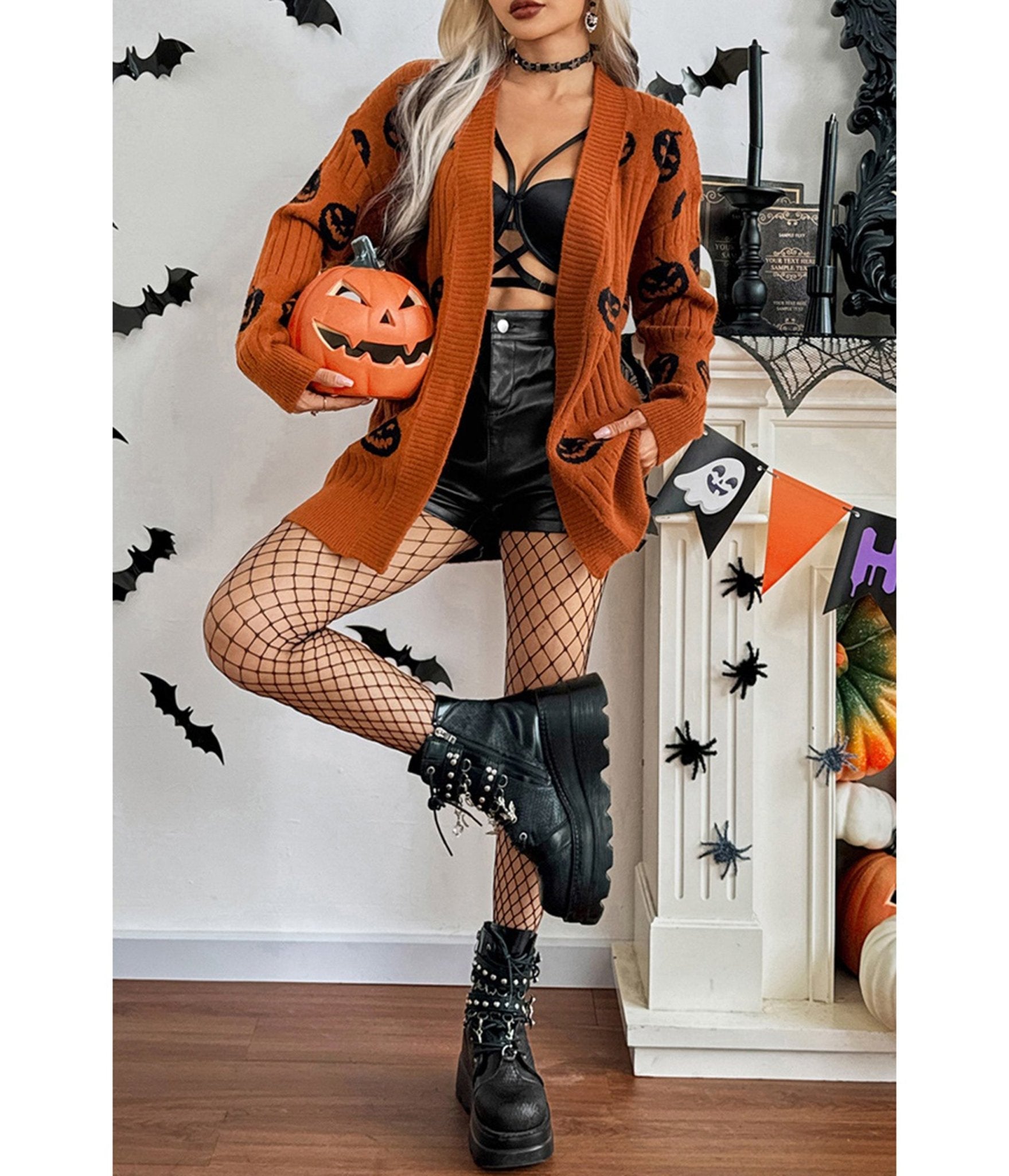Orange & Black Pumpkin Open Front Cardigan