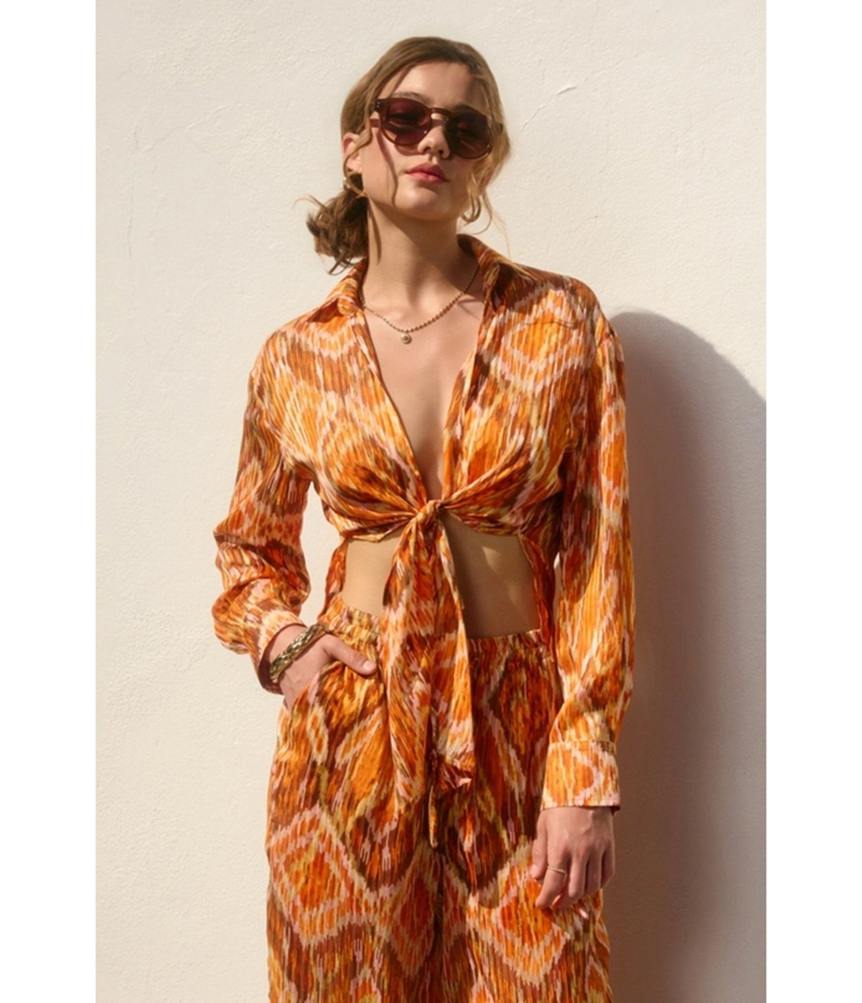 Orange & Brown Retro Abstract Print Tie Crop Top - Unique Vintage - Womens, TOPS, WOVEN TOPS