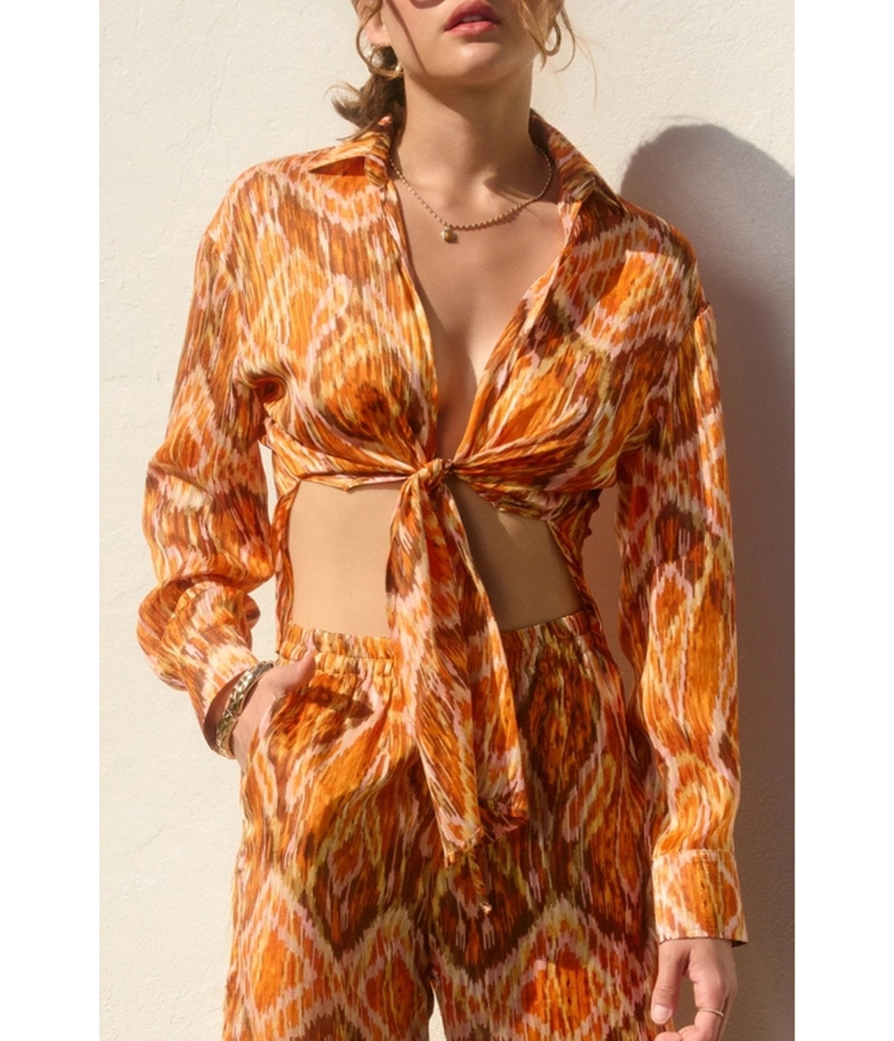 Orange & Brown Retro Abstract Print Tie Crop Top - Unique Vintage - Womens, TOPS, WOVEN TOPS