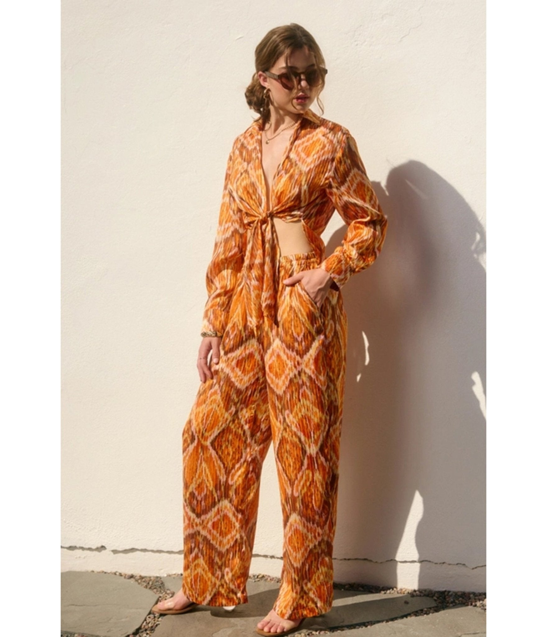 Orange & Brown Retro Abstract Print Tie Crop Top - Unique Vintage - Womens, TOPS, WOVEN TOPS