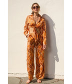 Orange & Brown Retro Abstract Print Wide Leg Pants - Unique Vintage - Womens, BOTTOMS, PANTS