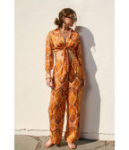 Orange & Brown Retro Abstract Print Wide Leg Pants - Unique Vintage - Womens, BOTTOMS, PANTS