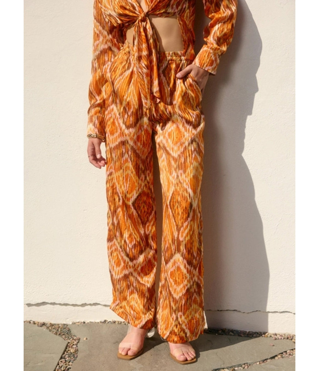 Orange & Brown Retro Abstract Print Wide Leg Pants - Unique Vintage - Womens, BOTTOMS, PANTS